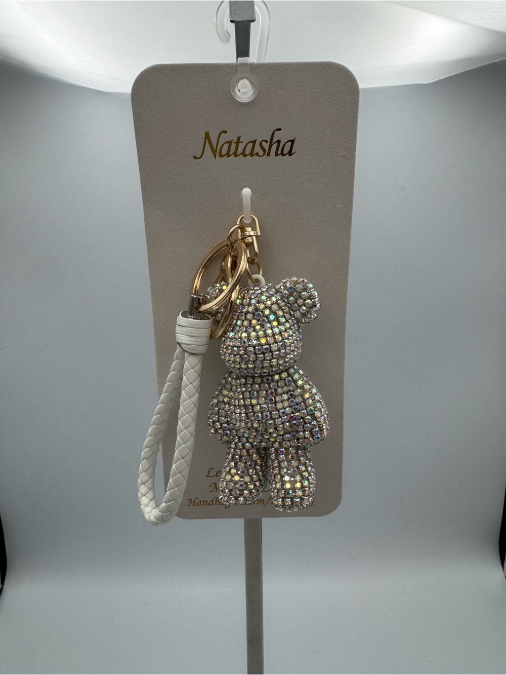 Natasha Couture Iridescent Crystal Teddy Keyring with White Braided Strap